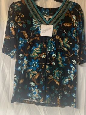 Black Floral V-Neck Top with Teal & Gold Accents